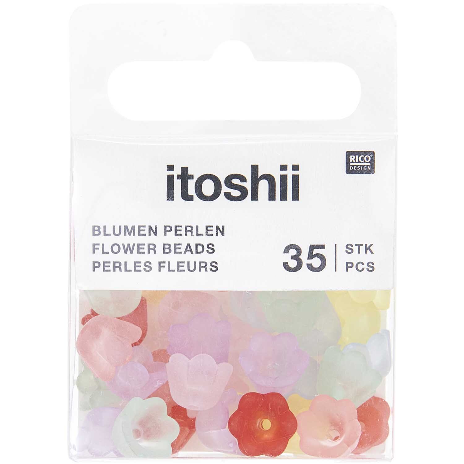Itoshii Blumenperlen in matten Multicolor-Tönen, 35 Stück, ideal für kreative Bastelprojekte.