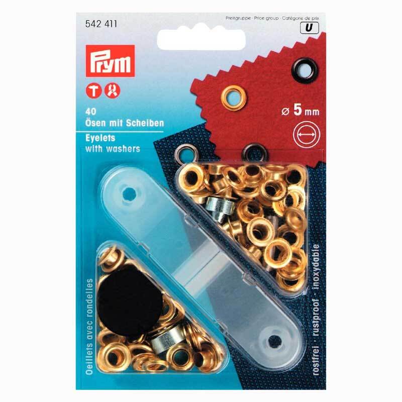 Ösen mit Scheiben gold 5mm 40 Stück von Prym, verpackt in einer Blisterpackung mit transparentem Deckel.