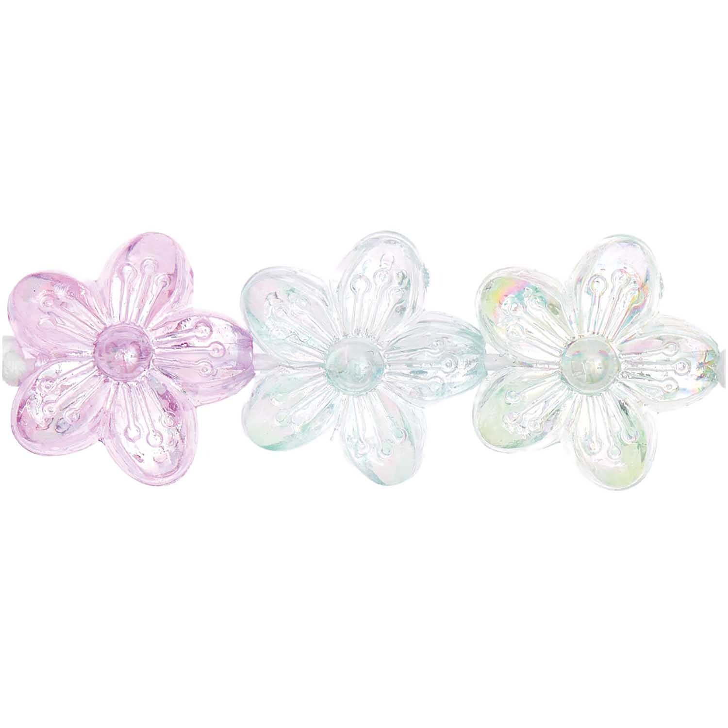 itoshii Blumenperlen Ozean Mix holografisch: Drei blumenförmige Perlen in Pastellfarben, ideal für Schmuckdesigns. Größe: 15x15x7mm, 12 Stück.