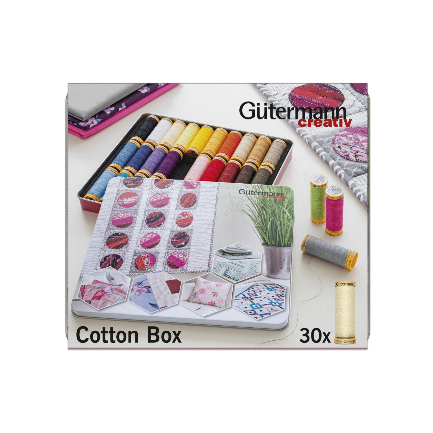 Nähfaden Set Baumwolle: Bunte Nähfäden in Box, ideal für kreative Projekte, 30x 100m von Gütermann.