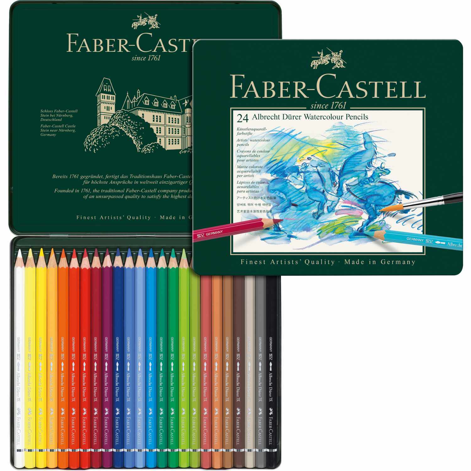 Albrecht Dürer Metalletui mit 24 Aquarellstiften von Faber Castell, präsentiert in einer eleganten Verpackung.