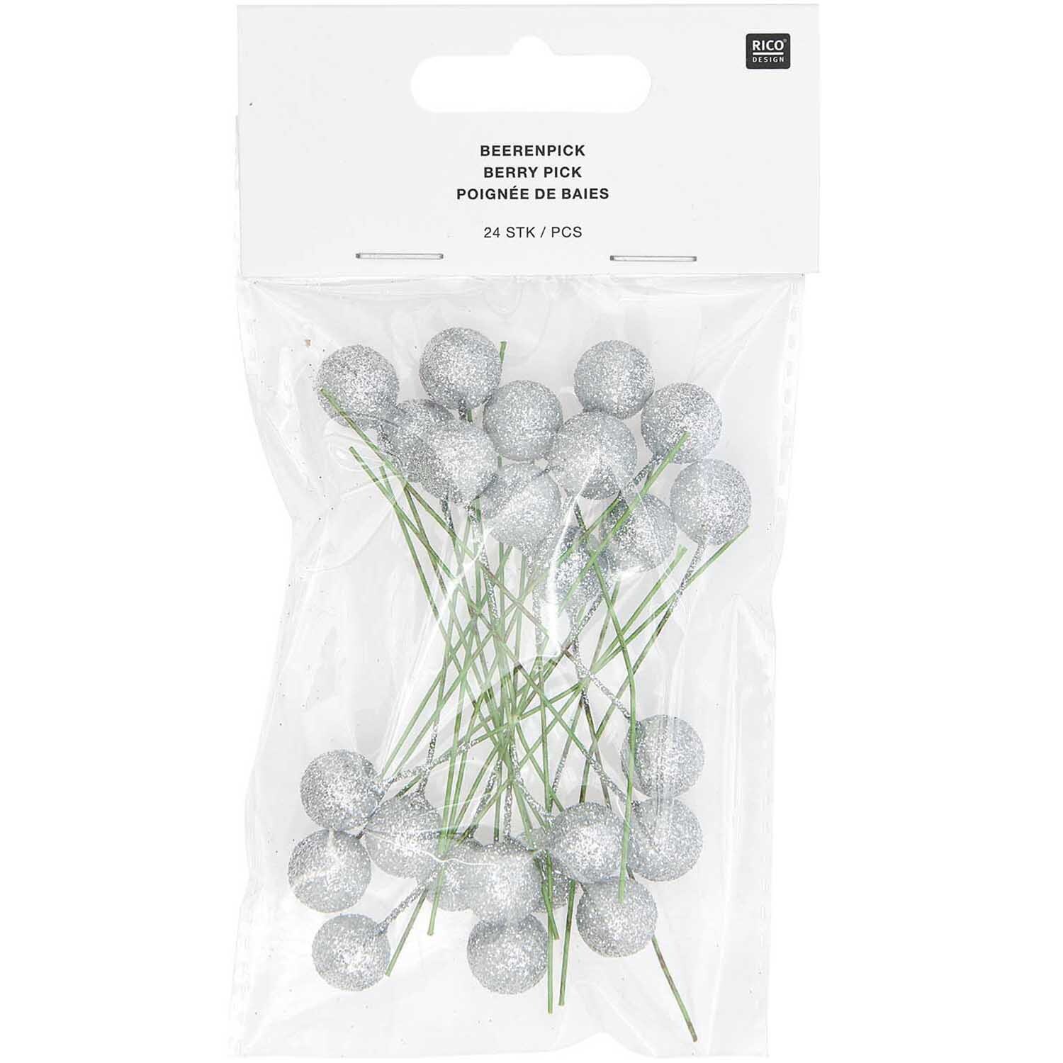 Beerenpick mit Glitzer 8,5x8,5cm 24 Stück Farbe Silber von Rico Design