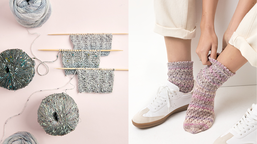Zwei Bilder nebeneinander. Drei Garnknäuel mit Strickstücken und zwei Füße mit gestrickten Socken aus Farbverlaufsgarn. Modell aus Die Neue Masche No. 4.