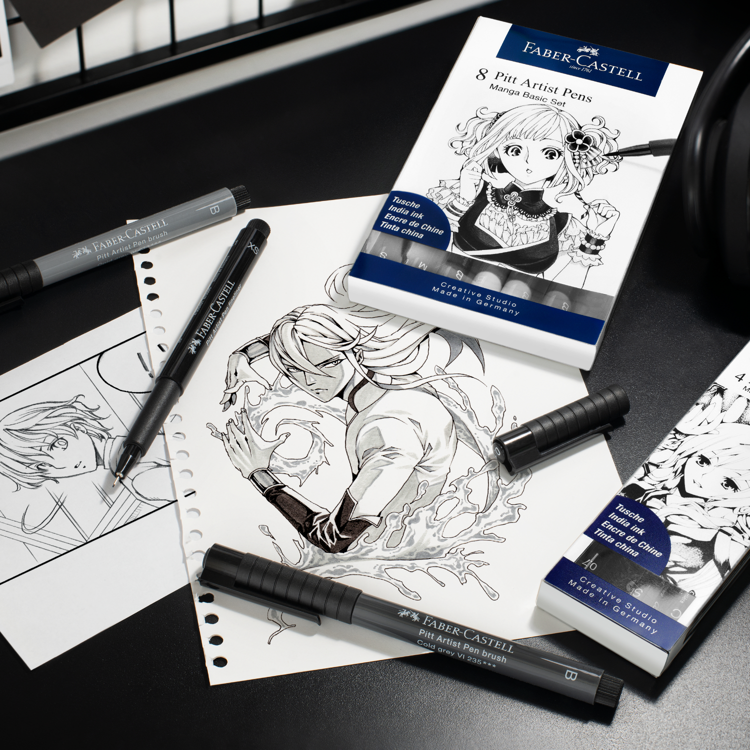 Pitt Artist Pen Tuschestift Manga Black Set, 4-teilig, ideal für detaillierte Manga-Zeichnungen, mit Faber Castell Verpackung und Illustrationen.