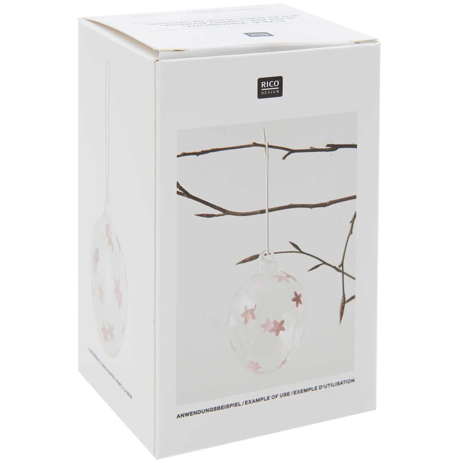 Glas Ei Kirschblüte handbemalt Ø 6cm von Rico Design, präsentiert in einer eleganten Verpackung mit zarten Kirschblütenmotiven.