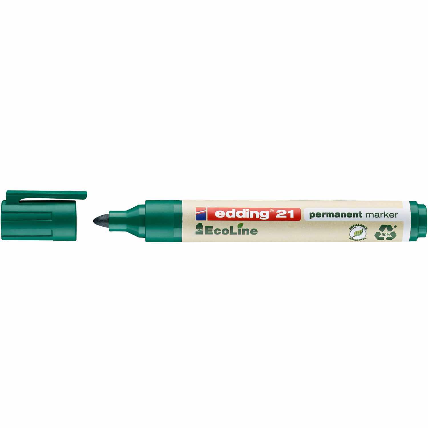 21 EcoLine Permanentmarker mit abnehmbarer Kappe, grüne Farbe, Marke edding, Spitze 1,5-3mm.