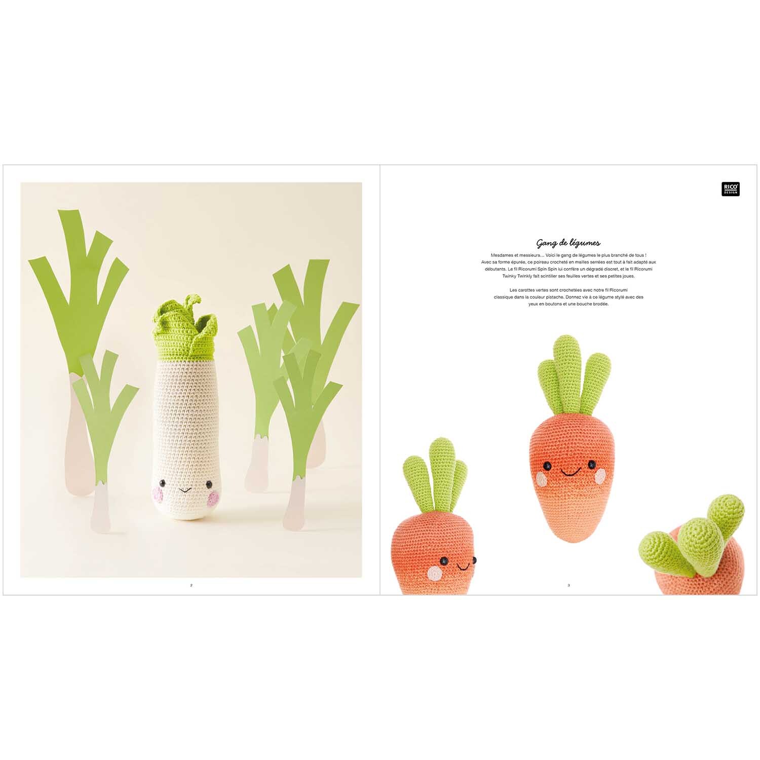 Ricorumi Fresh Friends französisch: Gehäkelte Gemüsefiguren mit fröhlichen Gesichtern, umgeben von grünen Blättern. Ideal für kreative Handarbeitsprojekte.