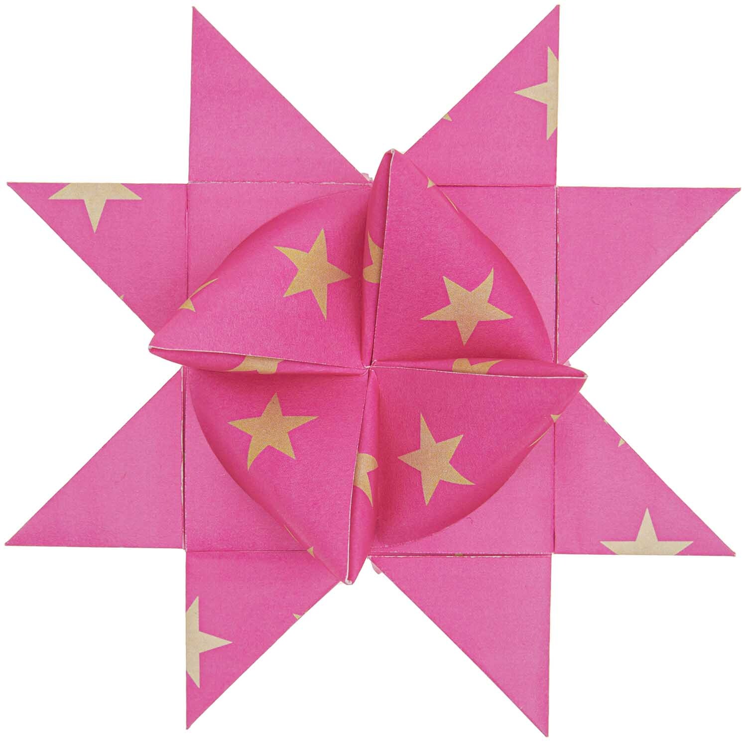 Paper Poetry Fröbelstreifen neon Sterne L 40 Stück: Gefalteter Stern aus pinkem Papier mit gelben Sternen, ideal für kreative Dekorationen.