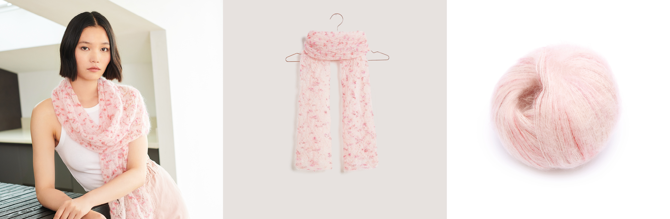 Gestrickter Schal Modell 07 aus Lovewool No. 18 getragen am Model und auf einem Kleiderbügel. Daneben ein Garnknäuel in Rosa