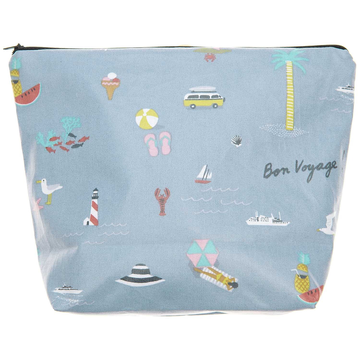 Kosmetiktasche Travel the World mit bunten Reise-Motiven auf blauem Hintergrund, 28x21x9cm.