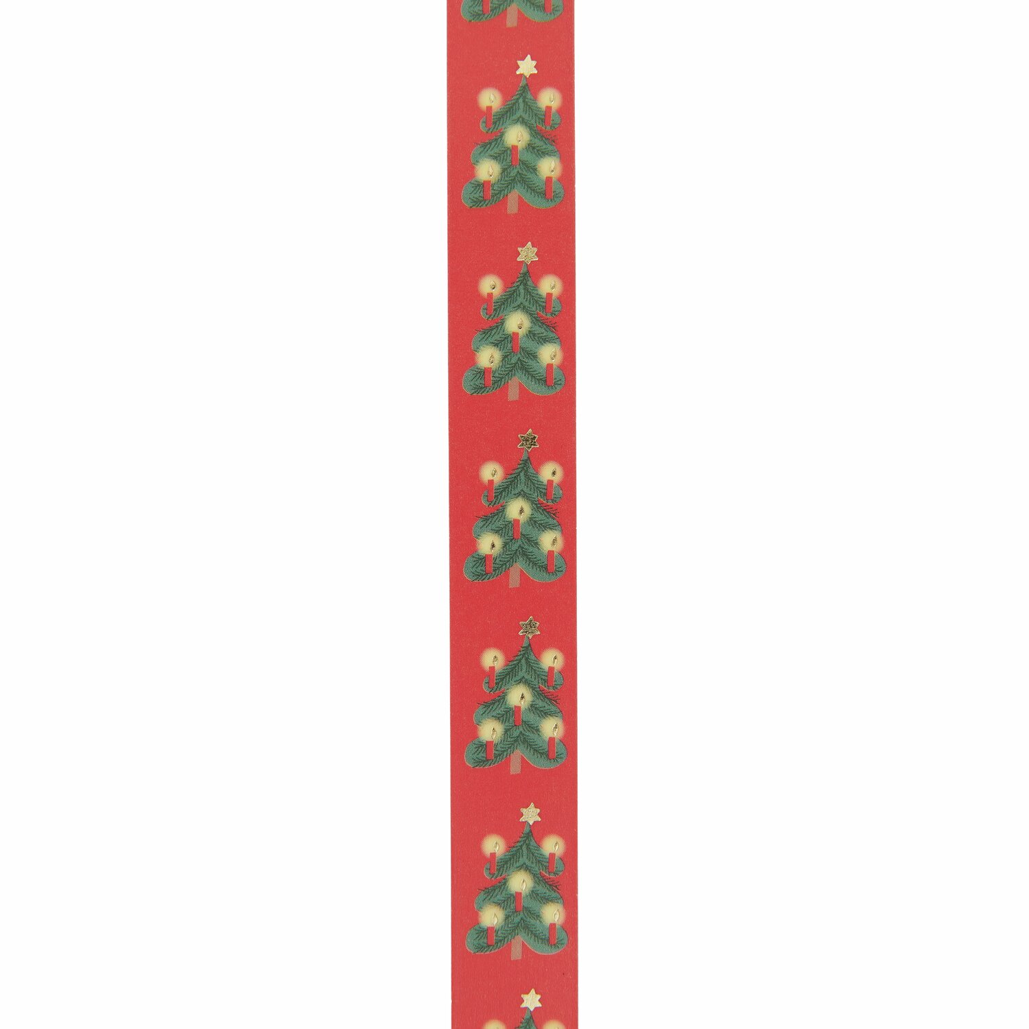 Paper Poetry Tape Weihnachtsbäume Rot 1,5cm, dekoratives Klebeband mit grünen Tannenbäumen auf rotem Hintergrund, ideal für festliche Bastelprojekte.