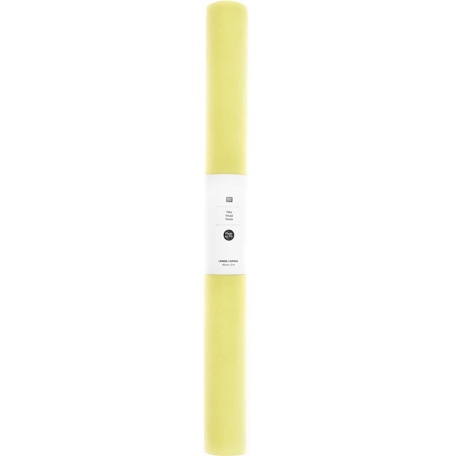 Tüll 50cm 5m in Zitronengelb von Rico Design, aufgerollt und bereit für kreative Projekte.