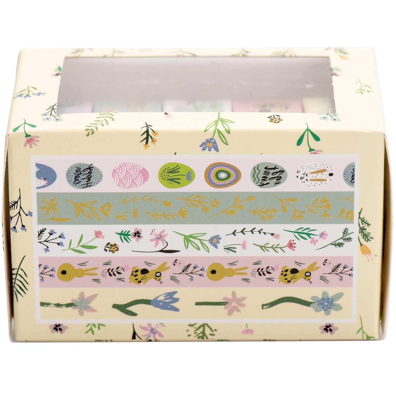 Paper Poetry Tape Set Bunny Hop, 5-teilig von Rico Design, zeigt bunte, florale Muster auf dekorativen Klebebändern in einer Box.