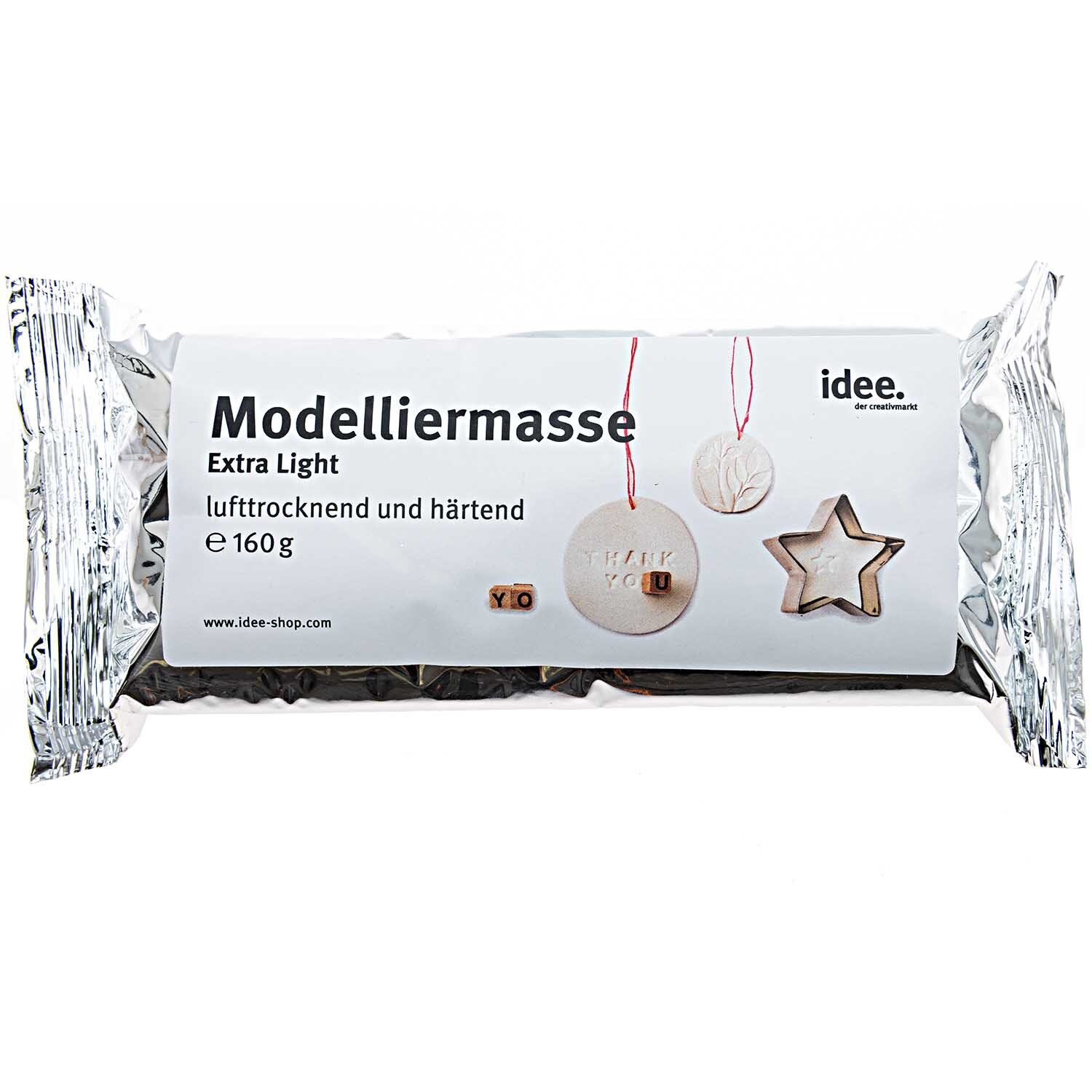 Modelliermasse extra leicht lufttrocknend, weiße Verpackung mit 160g Inhalt, von idee. Creativmarkt.