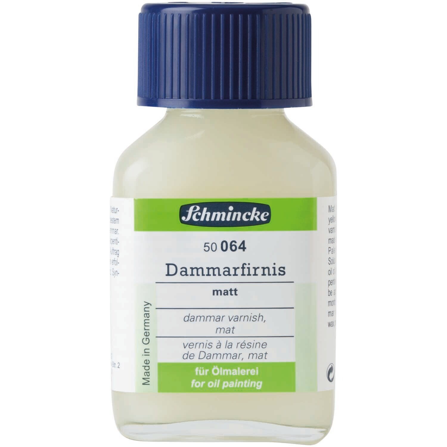 Mattfirnis für Ölgemälde 60ml von Schmincke, in einer klaren Flasche mit blauem Deckel, ideal für Künstler.