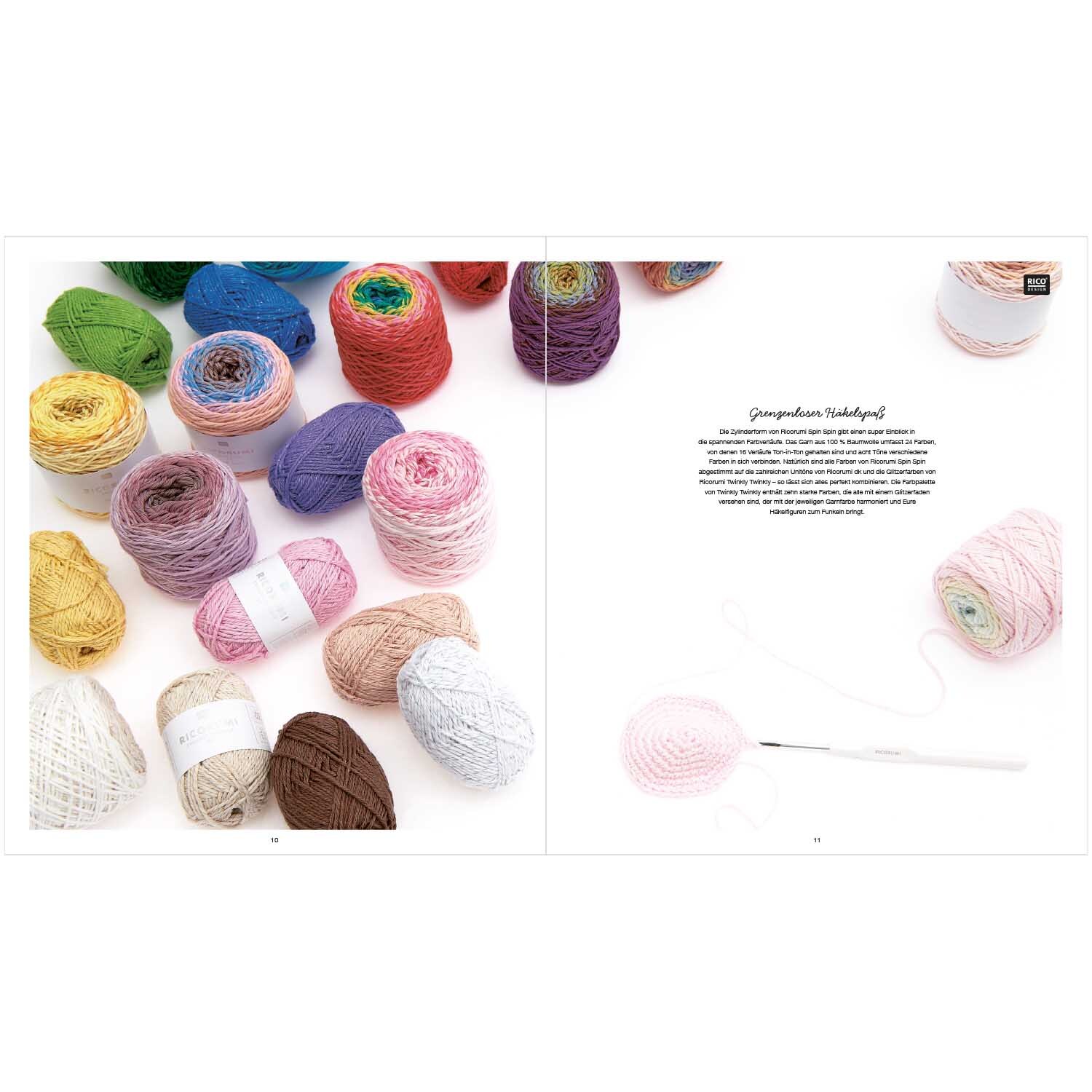 Ricorumi Element Heads deutsch: Bunte Garnknäuel von Rico Design auf einer offenen Seite eines Handarbeitsbuchs.