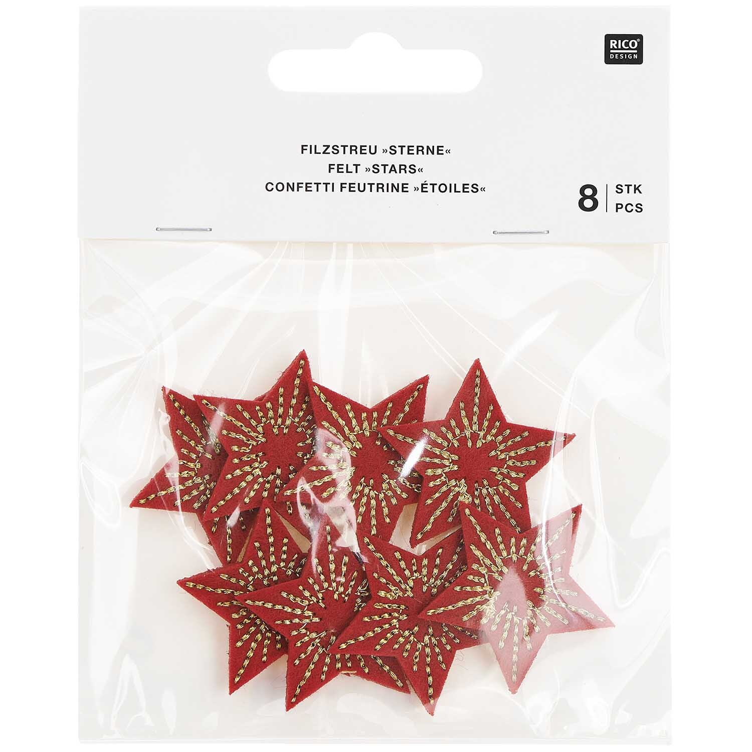 Filzstreu Sterne bestickt 3,5x3,3cm 8 Stück von Rico Design in Rot-Gold, dekorativ verpackt.