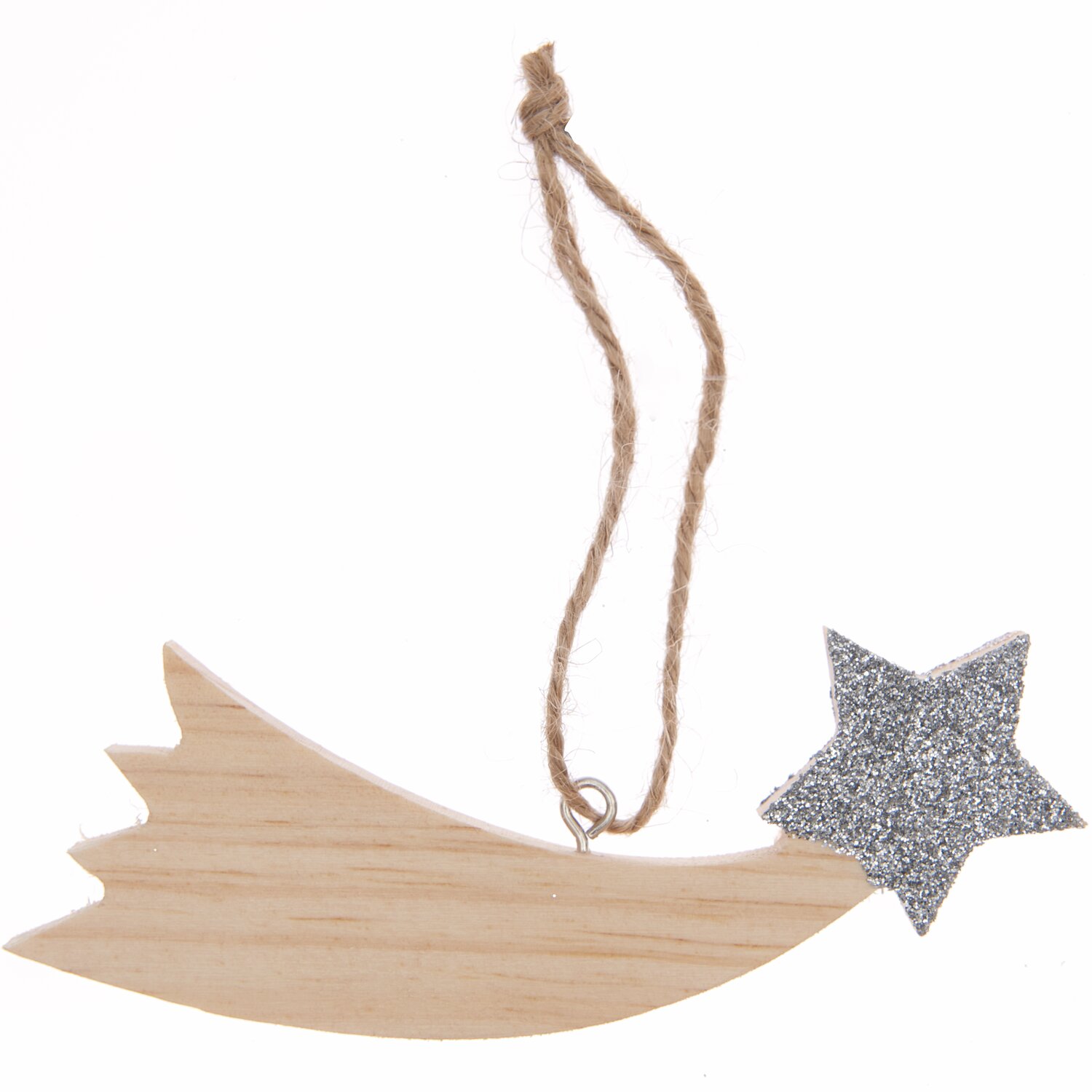 Holzhänger Sternschnuppe 11,5x5,5x1cm aus Naturholz mit silbernem Glitzerstern und Juteband. Ideal als festliche Dekoration.
