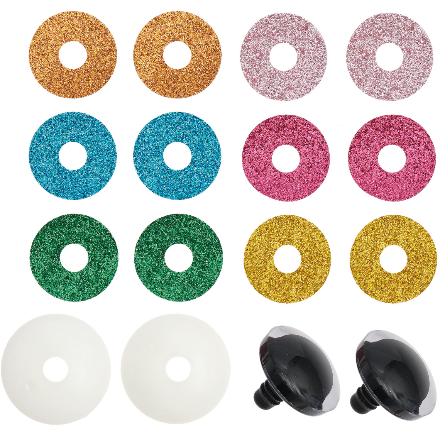 Sicherheitsaugen-Set für Kuscheltiere mit 6 glitzernden Farben, 1 Paar 30mm, von Rico Design.