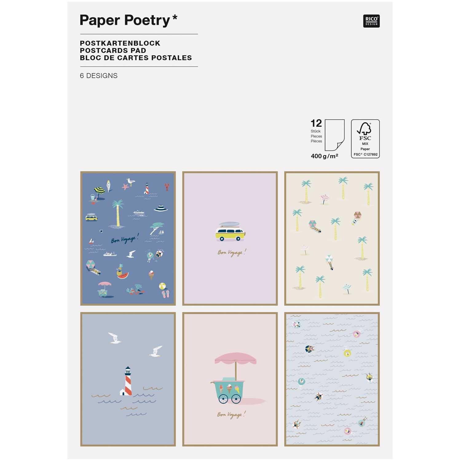 Paper Poetry Postkartenblock Maritim mit 12 Karten von Rico Design, zeigt maritime Motive wie Leuchttürme und Boote.