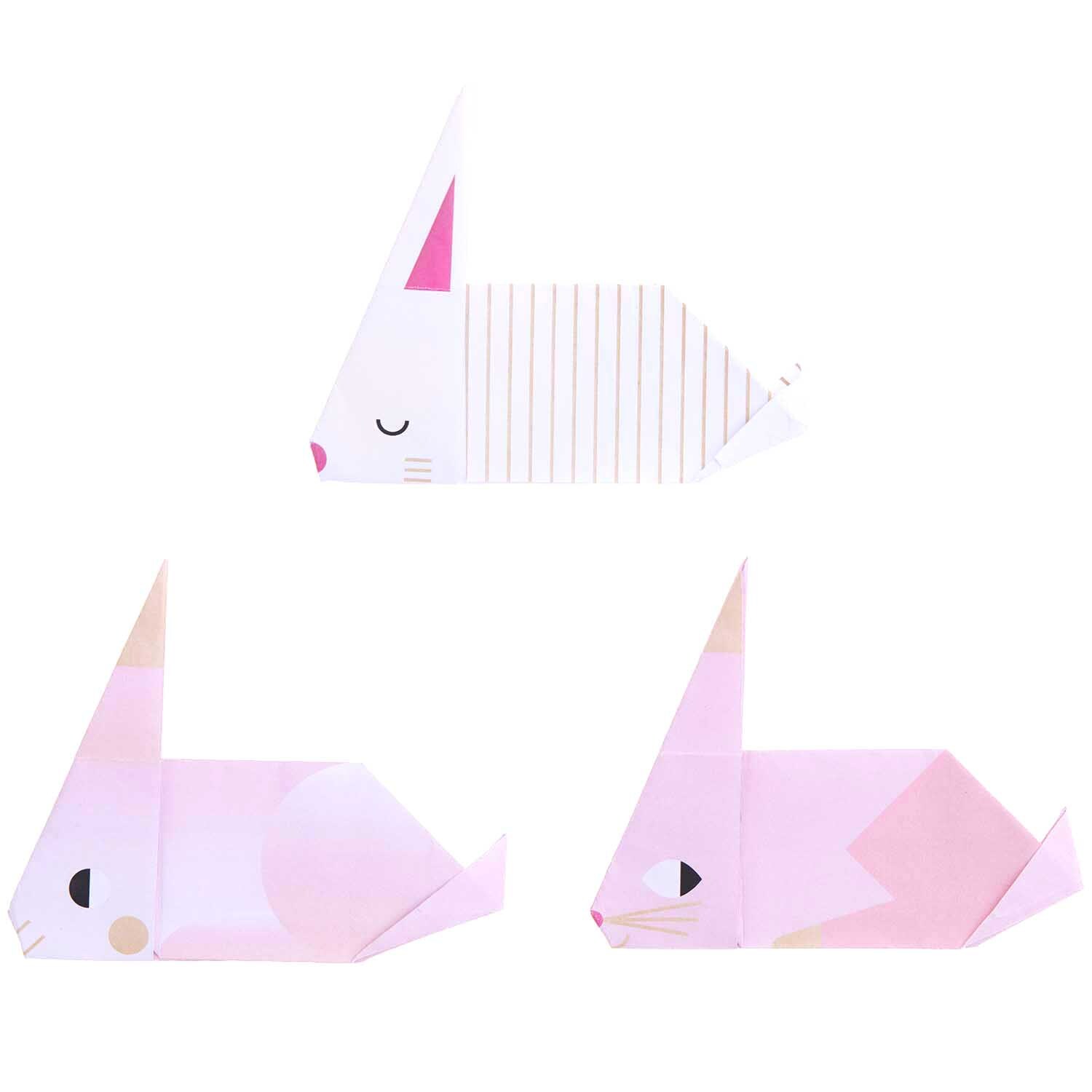 Paper Poetry Origami Hasen in Rosa, 15x15cm, 30 Blatt. Drei gefaltete Hasen aus Papier.