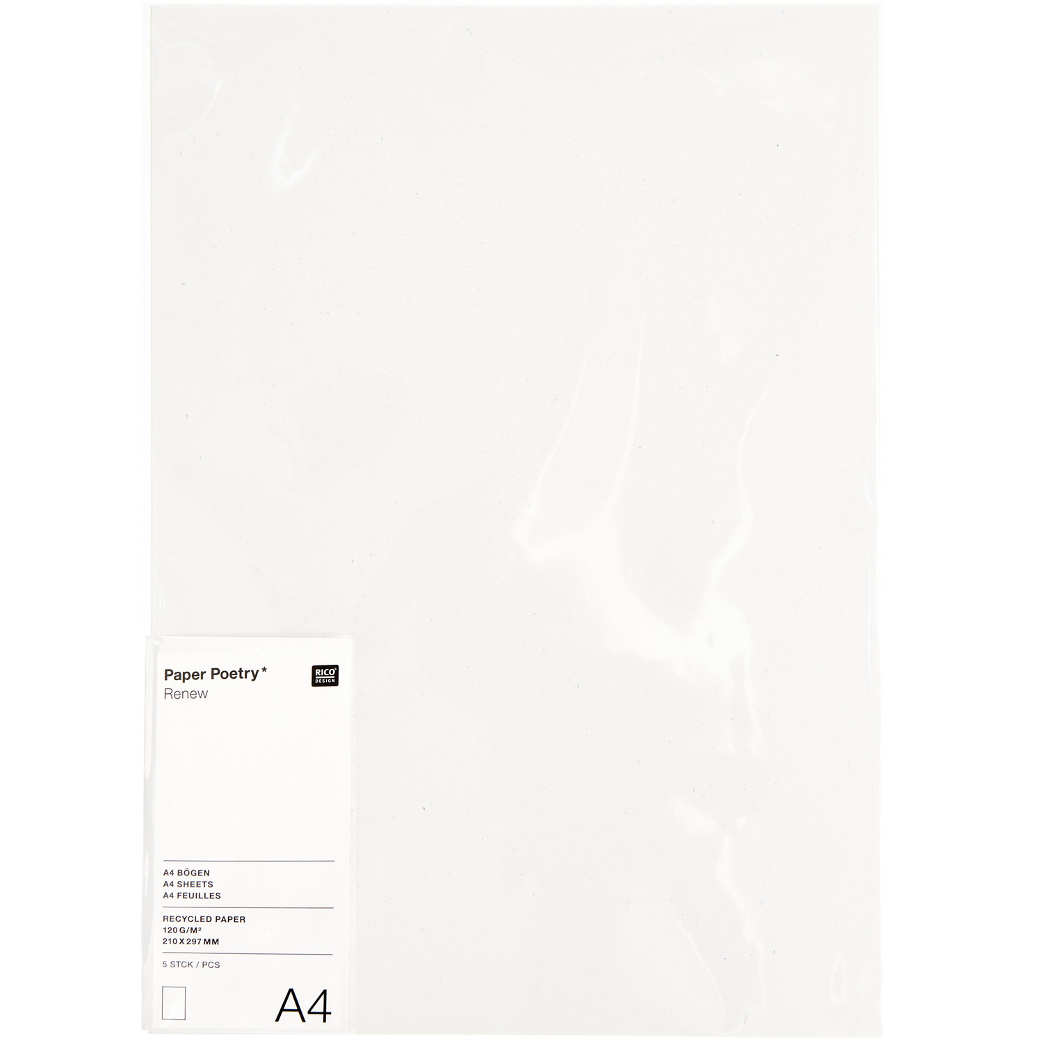 Paper Poetry Renew Bögen A4, 5 Stück, cremefarben, von Rico Design. Zeigt recyceltes Papier in A4-Größe. Ideal für kreative Projekte.