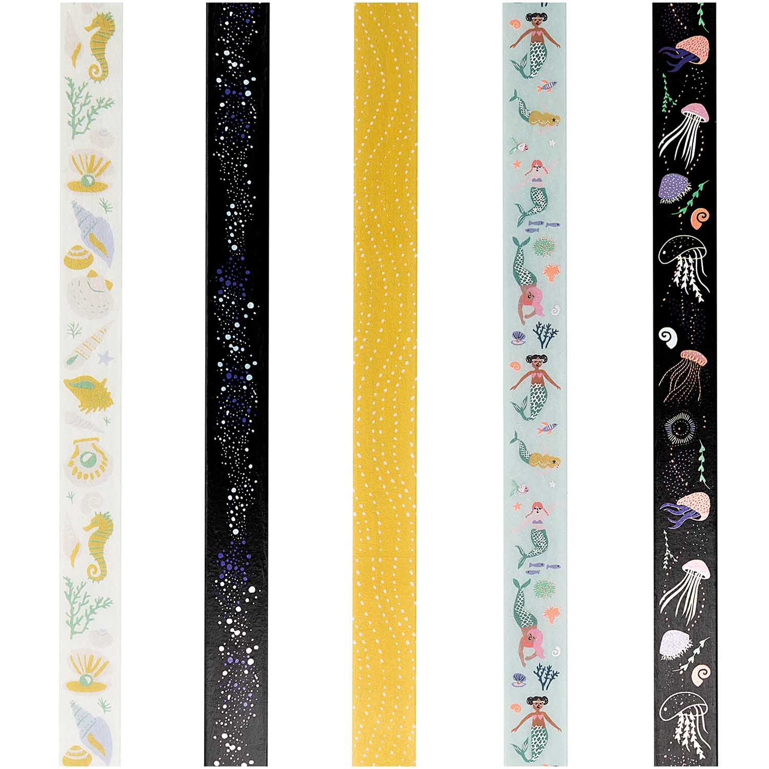 Paper Poetry Tape Set Mermaid: Fünf dekorative Klebebänder mit Meeresmotiven in verschiedenen Farben von Rico Design. Ideal für kreative Projekte.