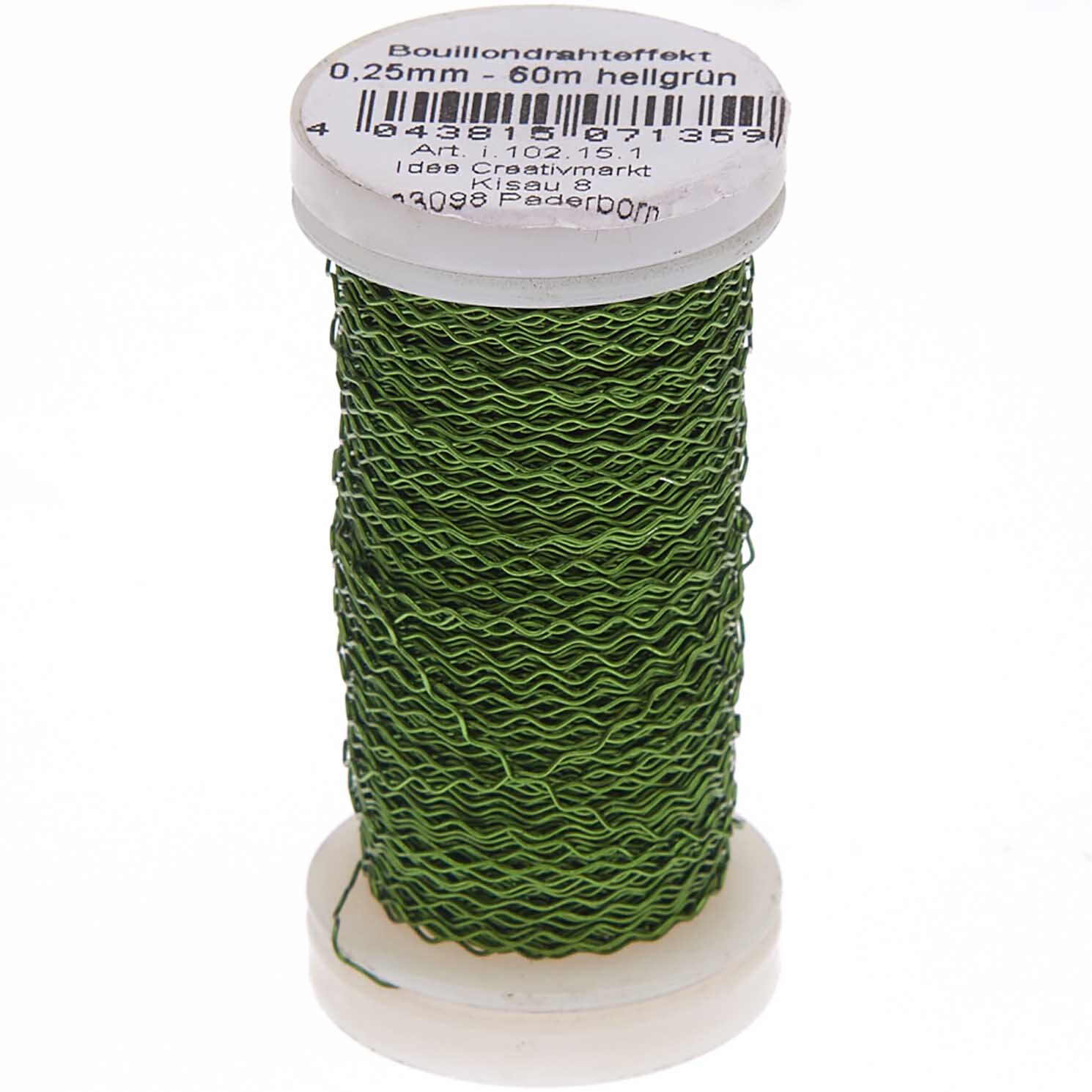 Bouillondraht 0,25mm 60m: Eine Rolle hellgrüner Draht von Preissler, ideal für kreative Bastelprojekte.