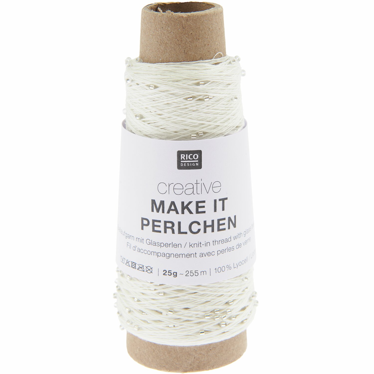 Creative Make It Perlchen, weißes Garn mit Kristall-Optik, 25g 255m, von Rico Design. Ideal für kreative Strickprojekte.