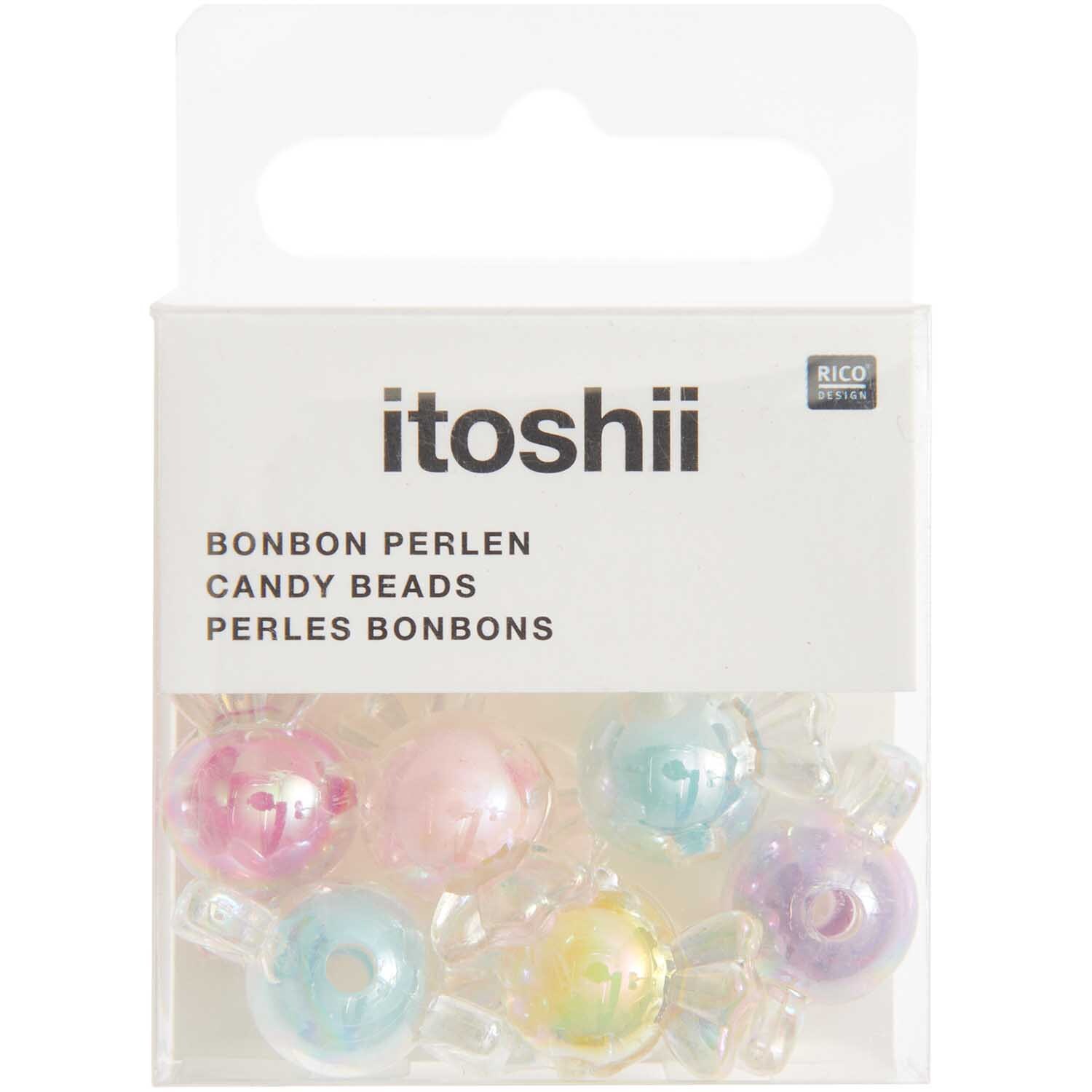 Itoshii Bonbon Perlen in transparentem Design, 6 Stück, präsentiert in einer Verpackung von Rico Design.