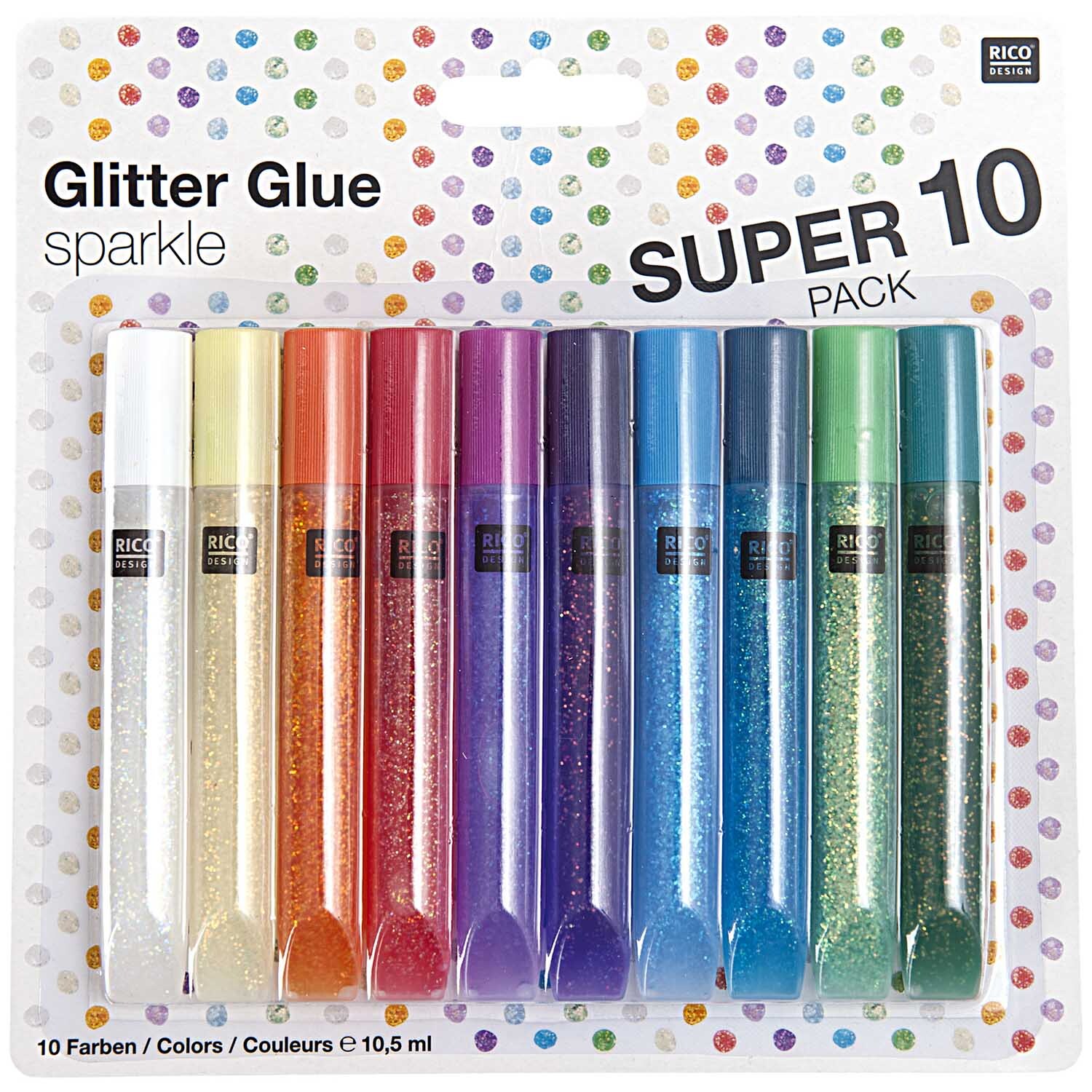 Glitter Glue sparkle 10x10,5ml von Rico Design: Zehn bunte Glitzerkleber in einer Verpackung. Ideal für kreative Bastelprojekte.