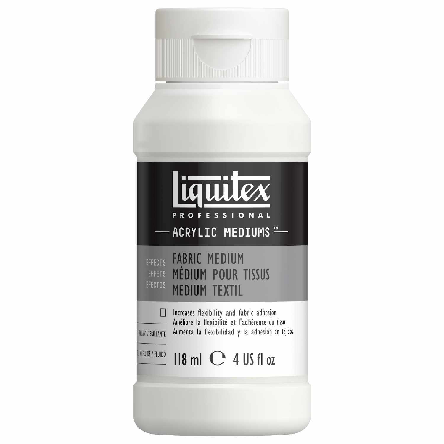 Acryl Textilmalmittel 118ml von Liquitex: Weiße Flasche mit schwarzem Etikett, ideal für kreative Textilprojekte.