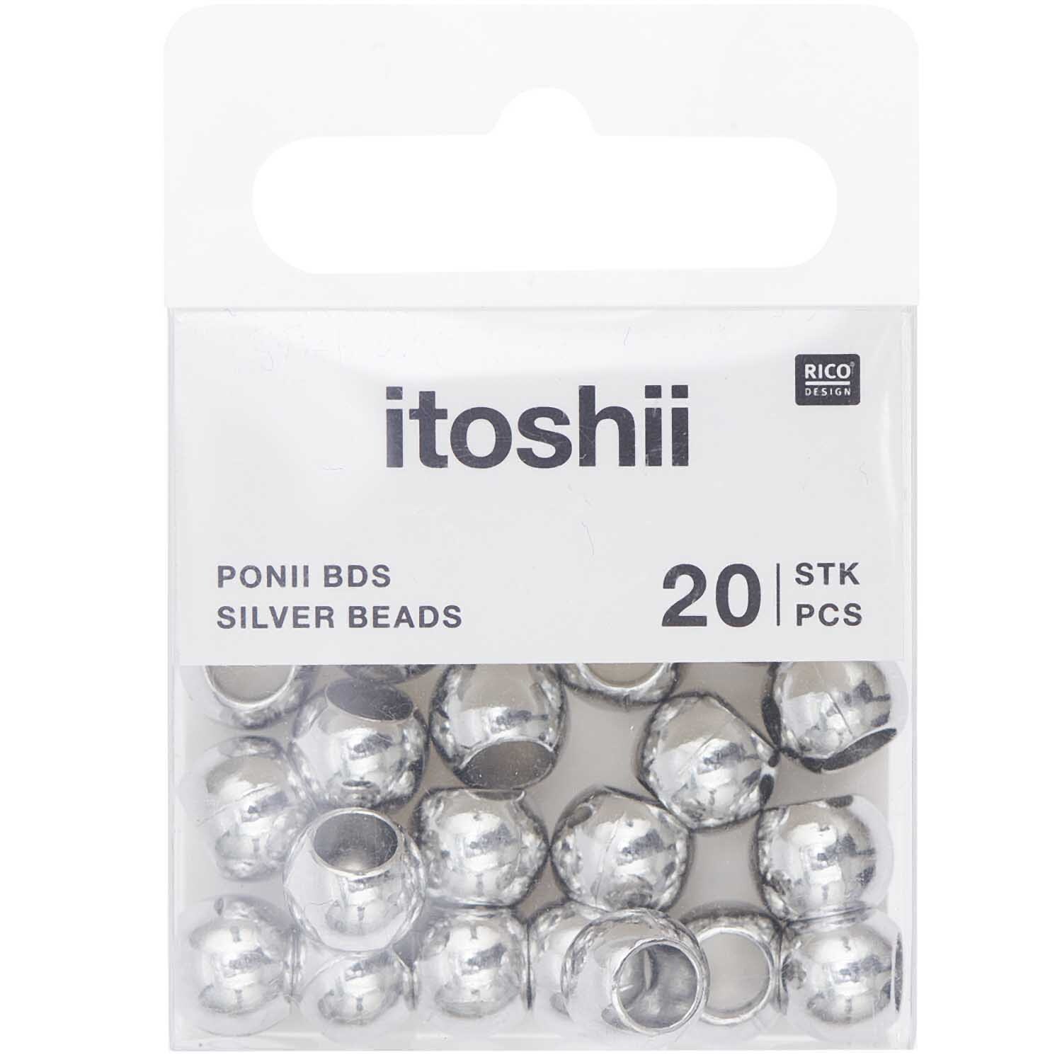 Itoshii - Ponii Beads Perlen 9x7mm, 20 Stück. Silberne Perlen von Rico Design in einer transparenten Verpackung.