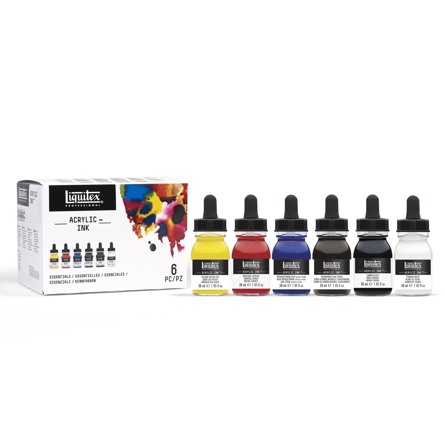 Ink flüssige Acrylfarbe Set Basics 6x30ml zeigt sechs bunte Liquitex Flaschen vor der Verpackung. Ideal für kreative Projekte.