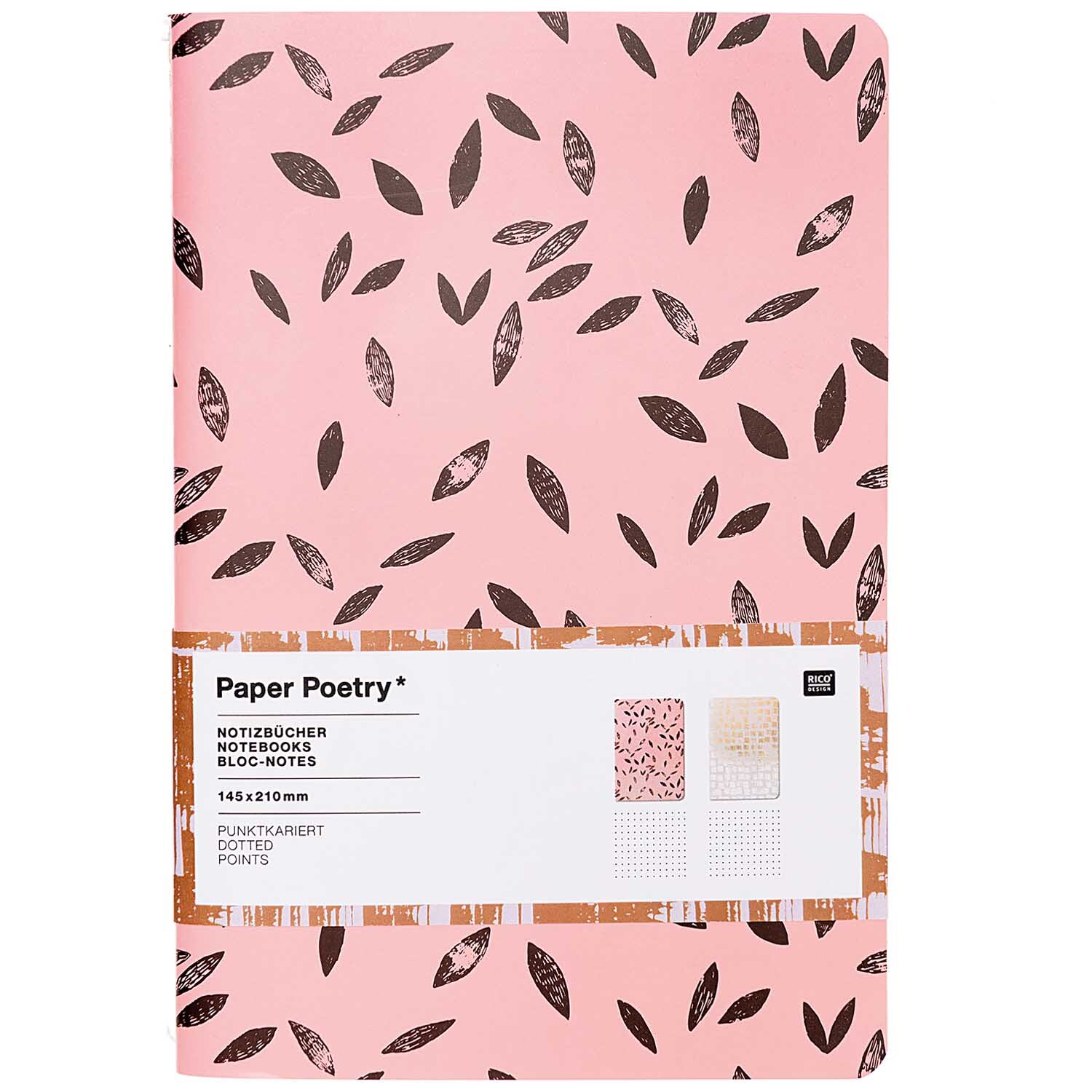 Paper Poetry Notizbücher in Koralle mit Blattmuster, A5, punktkariert, 40 Seiten, 2er-Set.