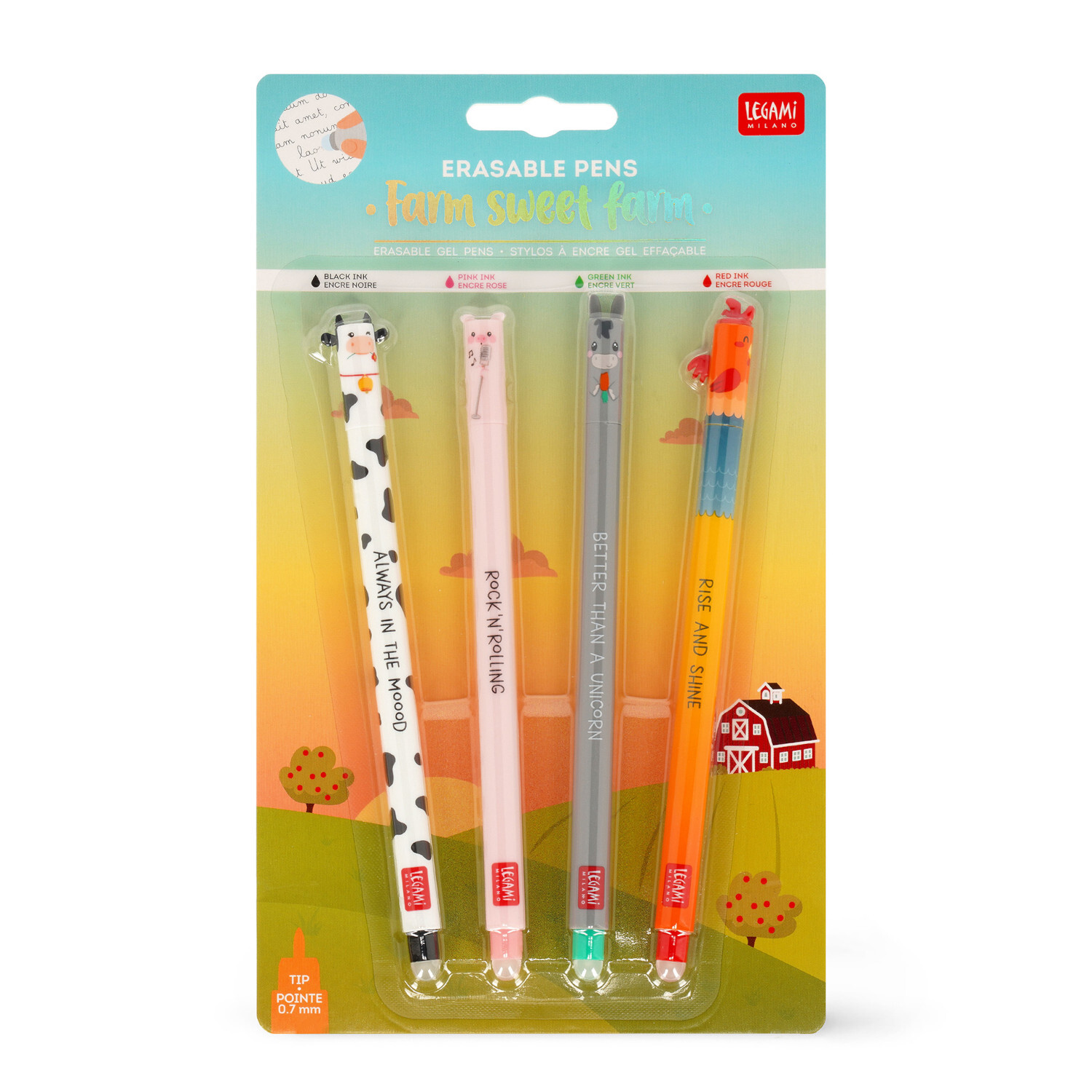 Erasable Gel Pen Set Farm Sweet Farm, 4-teilig, von Legami, mit bunten Designs und Tiermotiven. Ideal für Schule und Büro.