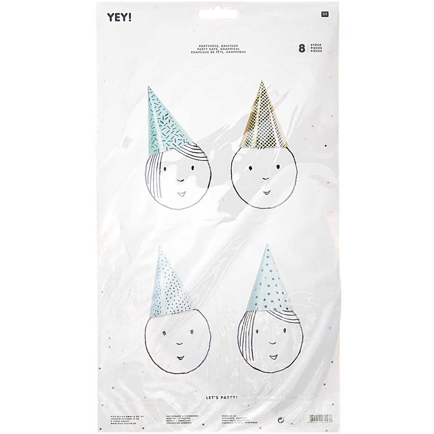 Partyhüte grafische Muster 20cm 8 Stück, illustriert mit Gesichtern, in bunten Designs von Rico Design.