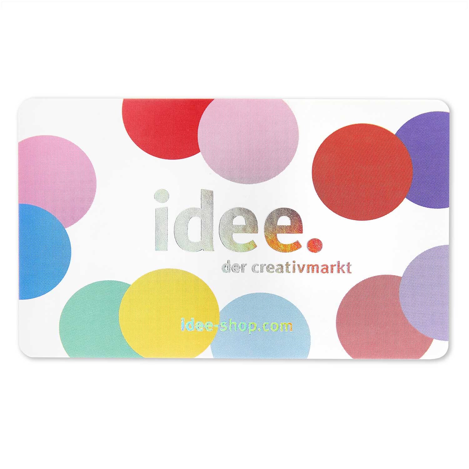 idee. Geschenk-Karte mit bunten Kreisen auf weißem Hintergrund, erhältlich bei idee. Creativmarkt.