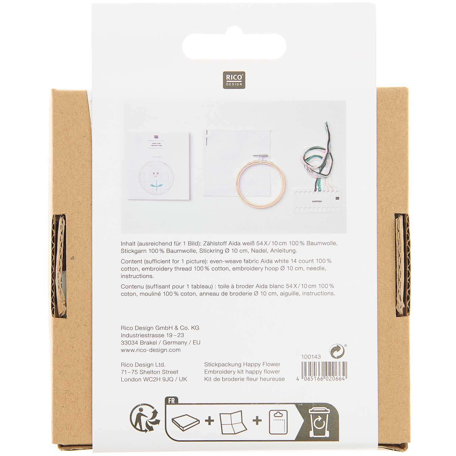 Stickpackung Happy Flower von Rico Design, zeigt Verpackung mit Stickzubehör und Anleitung.