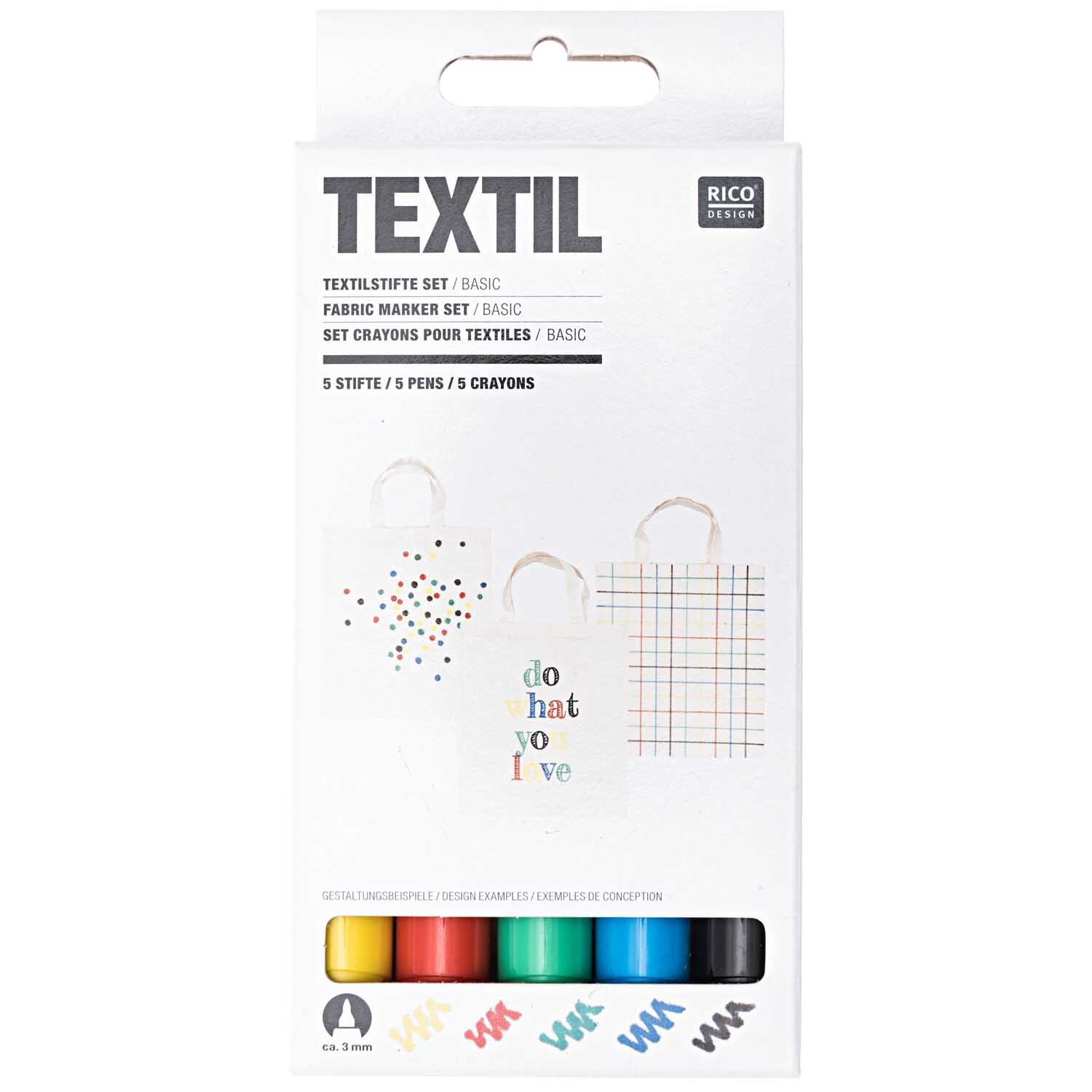 Textilstifte basic von Rico Design, 5 Stück in verschiedenen Farben, ideal für kreative Textilprojekte.