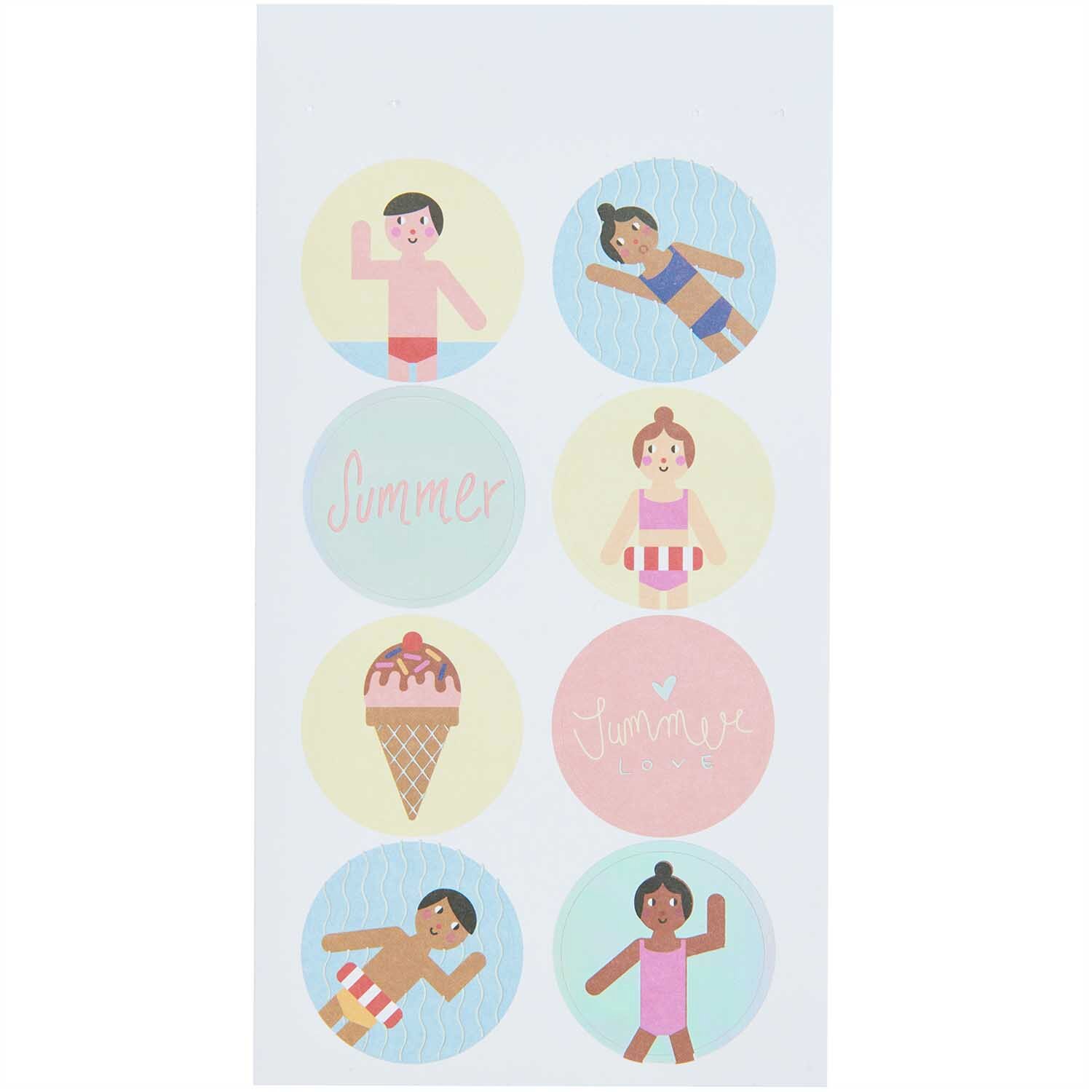 Paper Poetry Sticker Strand 4 Blatt zeigt bunte Sommermotive mit Kindern und Eiscreme von Rico Design.