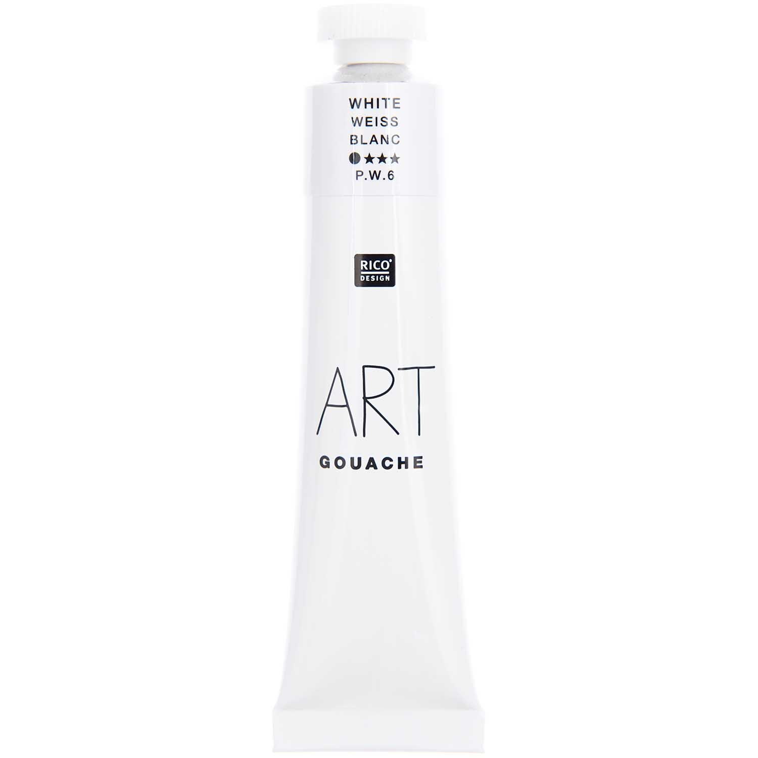ART Gouache 22ml von Rico Design in Weiß. Die Tube zeigt die Aufschrift und Details zur Farbe.