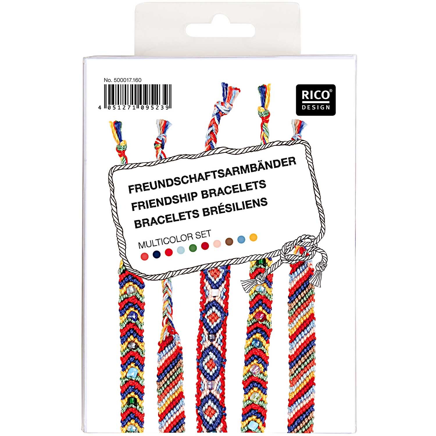 Freundschaftsbänder Set mehrfarbig von Rico Design zeigt bunte, geflochtene Armbänder in einer Verpackung.