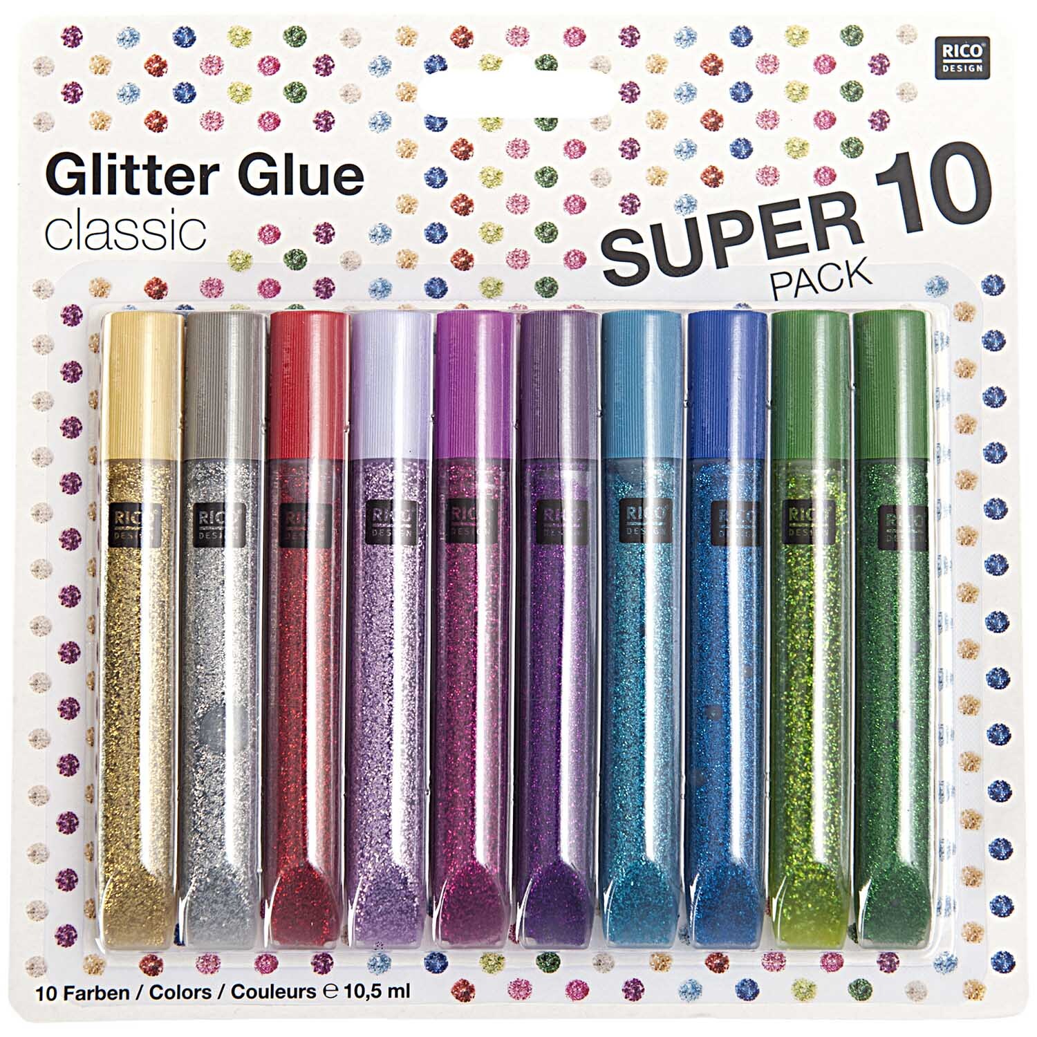Glitter Glue classic 10x10,5ml von Rico Design zeigt zehn bunte Glitzerkleber in verschiedenen Farben. Ideal für kreative Bastelprojekte.