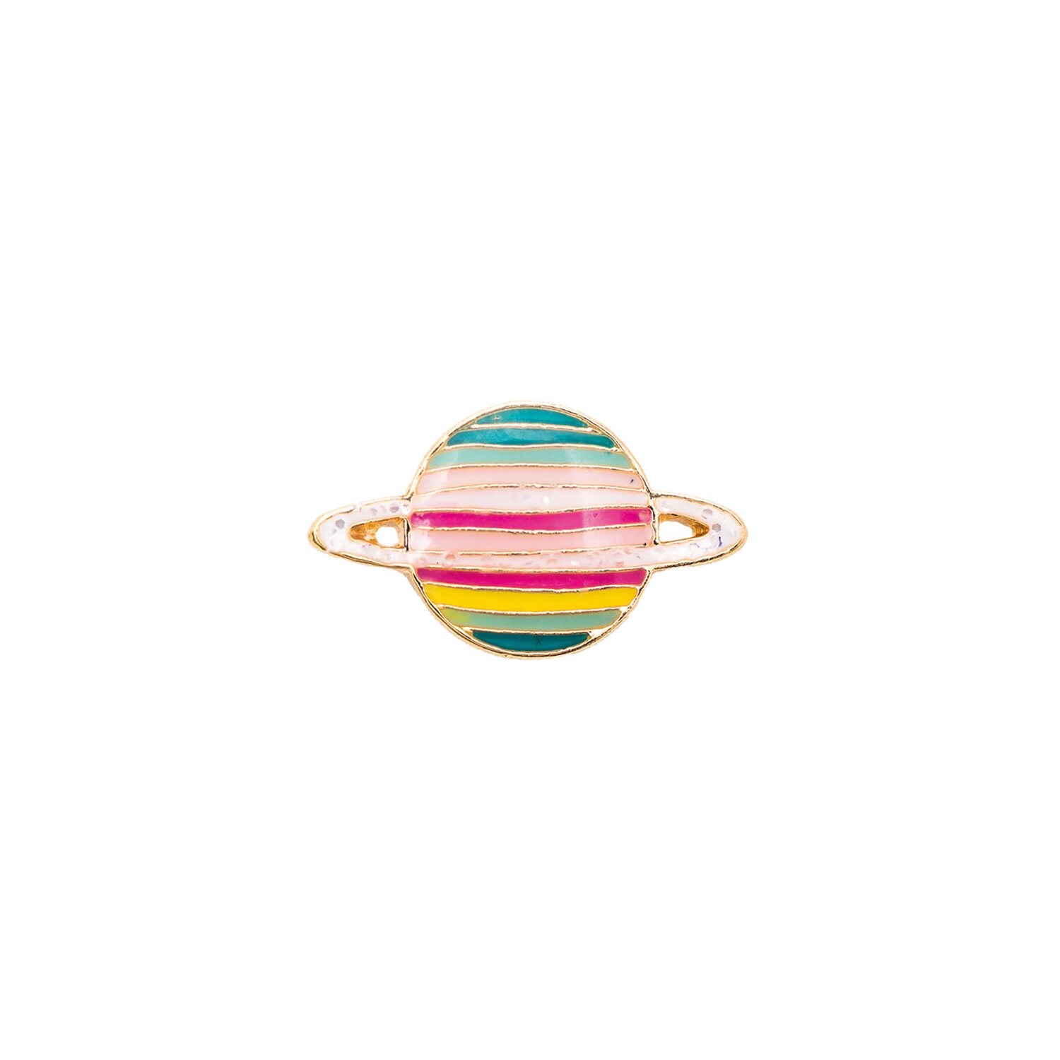 Pin Planet 24x15mm von Rico Design zeigt einen mehrfarbigen Planeten mit Ringen auf weißem Hintergrund.