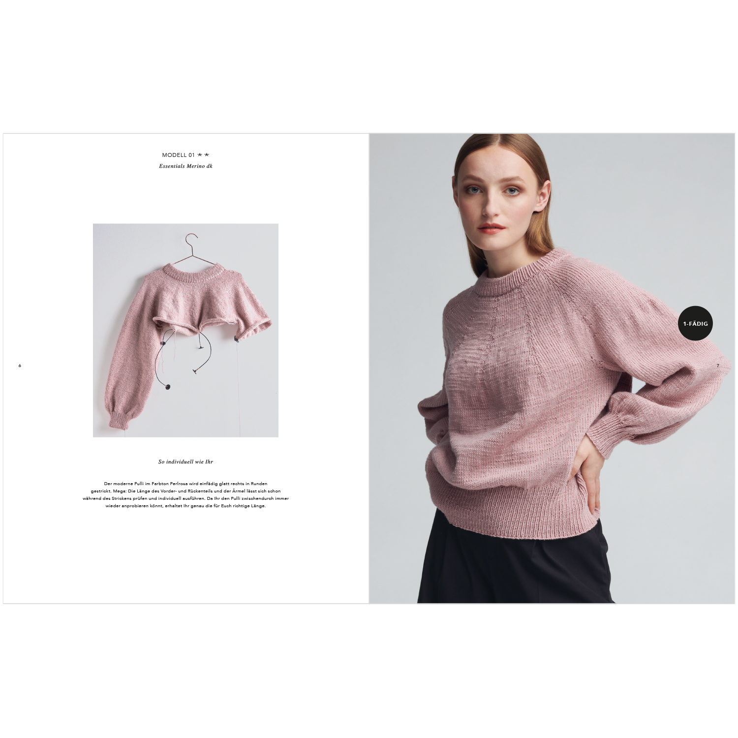 Top Down Knitting Special: Frau trägt rosa Pullover von Rico Design, präsentiert in modernem Stil.