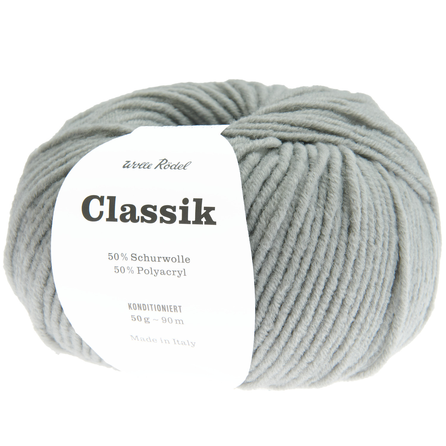 Classik Strickset Cardigan Modell 06, hellgraue Wolle von Wolle Rödel, 50g Knäuel, 90m Länge.