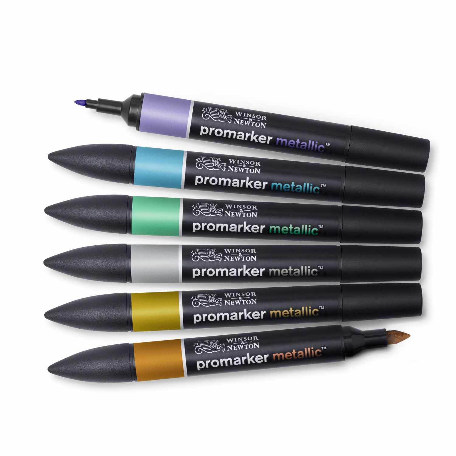 Promarker Aquarellmarker Metallic 6 Stück von Winsor & Newton in verschiedenen Farben auf weißem Hintergrund.
