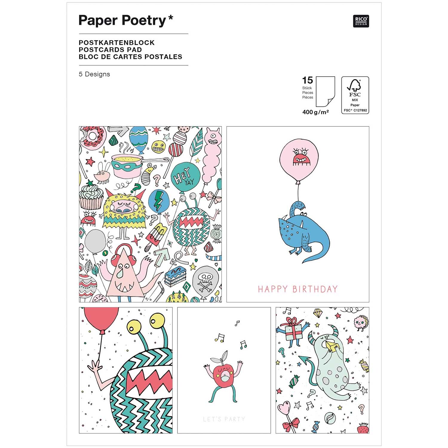 Paper Poetry Postkartenblock Monster Party mit bunten, lustigen Monstermotiven, ideal für Geburtstagsgrüße.