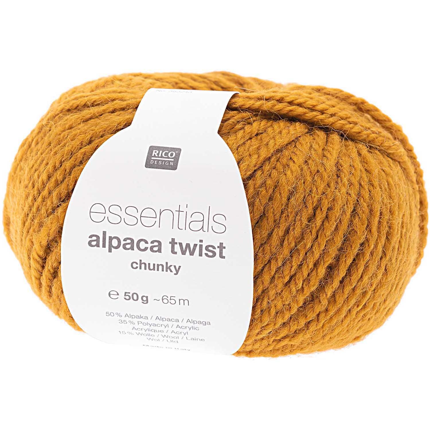 Essentials Alpaca Twist Chunky: Karamellfarbene Wolle von Rico Design, 50g Knäuel, ideal für Strickprojekte.